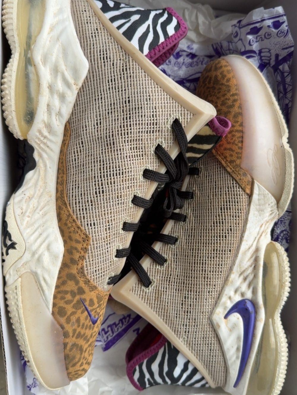 LeBron XIX low Nike Animal Print Mesh Sneakers in Beige & Purple